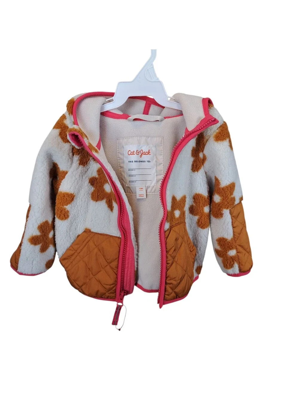 Cat & Jack Zip Up Fuzzy Neutral Flower Hooded Jacket Winter Fall 12M Toddler